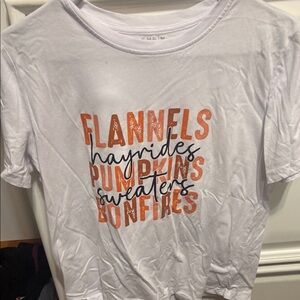 White Graphic Tee with Orange and Black Text